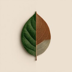 Half-green, half-brown leaf, veins visible, against a simple beige background