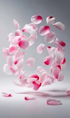 Fototapeta premium Pink & white petals suspended in air, creating a soft, circular formation