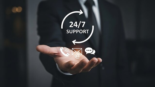 Man in suit offers 24/7 support with contact icons hand offering - Powered by Adobe