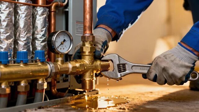 Closeup of plumber repairing valve on hydronic heating unit ensuring steady hot water flow for consistent radiator heating performance.