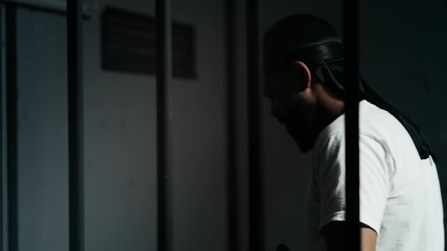 African American arrested man walking behind jail bars, awaiting freedom