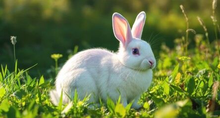 A white rabbit sits alertly in lush green grass, illuminated by soft sunlight
