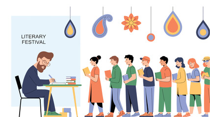 Flat Design Illustration of Indian Author Engaging with Readers at Literary Festival Book Signing