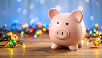 Piggy bank with holiday lights on wood surface, festive financial theme with blurred blue background.