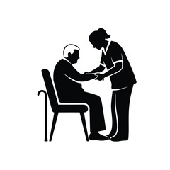 Black silhouette vector icon of elderly person receiving wellness assistance