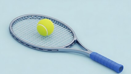 Tennis racket with yellow ball on blue background ready for action