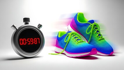 Vibrant running shoes and stopwatch for athletic training