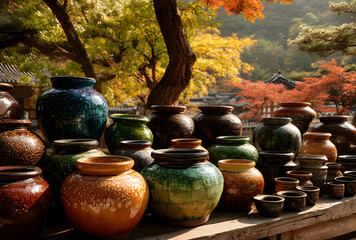 Traditional ceramic pottery jars displayed outdoors among autumn foliage in warm natural light