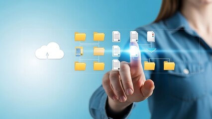 Person touching digital interface with cloud and file folder icons cloud computing data storage