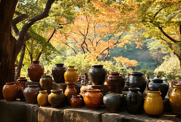 Traditional ceramic pottery jars displayed outdoors among autumn foliage in warm natural light