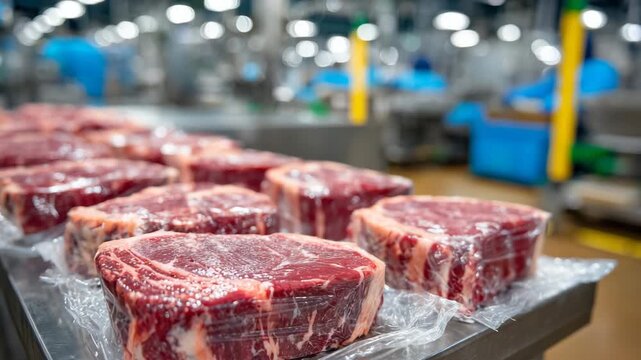 Packaged beef steaks ready for distribution, arranged in rows on metal table, bright overhead lights reflecting off packaging, clean food processing facility in background