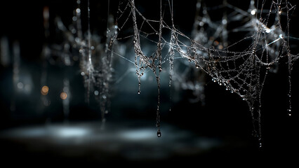 Close up spiderweb with dew drops on dark moody background