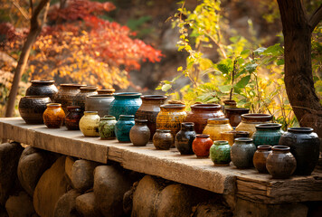 Rows of traditional ceramic jars displayed outdoors beneath vibrant autumn maple trees in cultural garden