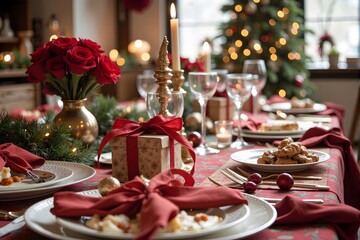 A festively decorated dining table is set with red-themed place settings, candles, and a wrapped gift in a cozy Christmas setting.