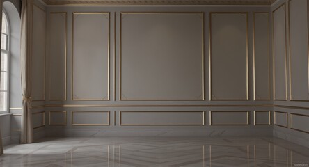 An empty, elegant room with gold trim, a large window, and patterned marble floor
