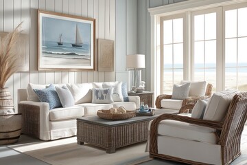 wicker furniture and airy textiles. Integrate sea-inspired elements like driftwood, 