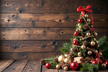 A small decorated Christmas tree stands on a wooden floor against a rustic wooden wall.