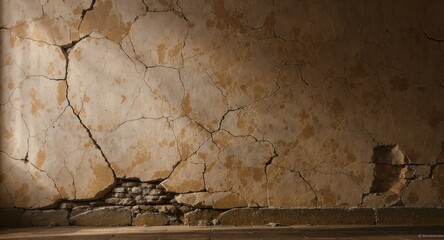 Aged, cracked wall with exposed brick, illuminated by soft light. Wooden floor detail