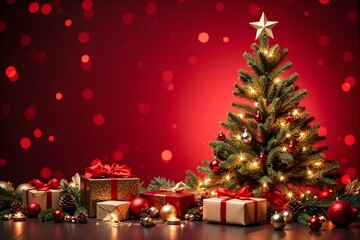 A decorated Christmas tree with glowing lights and a star on top stands amid wrapped gifts against a red festive background.