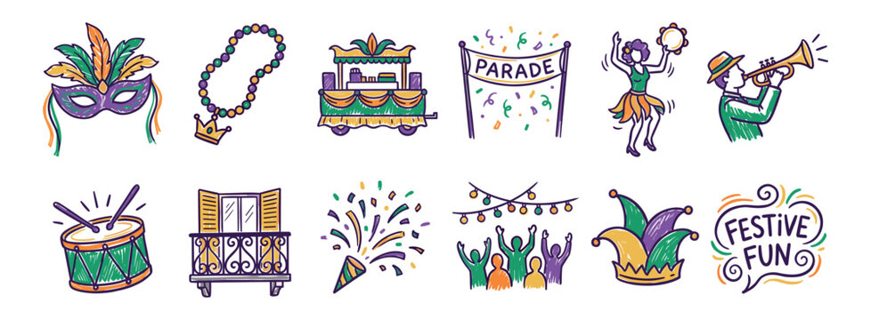 Festive hand-drawn Mardi Gras celebration icons including a feathered mask, beads, parade float, trumpet player, and dancing woman in a colorful purple, green, and gold doodle style