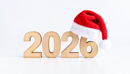 Wooden "2026" blocks on white surface with Santa hat on number six, minimal festive setup.