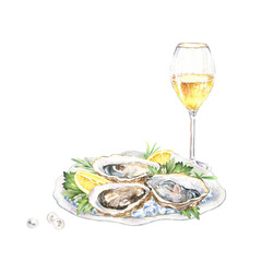 Watercolor oysters in a shell on ice, garnished with lemon and greens, with pearls and champagne glass. Hand-drawn art isolated on white. Opulence and freshness of seaside luxury.