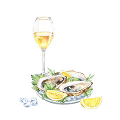Watercolor oysters in a shell garnished with lemon and greens, with ice and champagne glass. Hand-drawn art isolated on white background. Mediterranean restaurant dinner, fresh raw seafood.