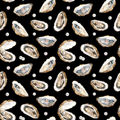 Oysters with shells and pearls. Seamless pattern. Watercolor hand-drawn illustration. Healthy sea food. Black background. For menu design, fabric, textile, wrapper, scrapbooking.