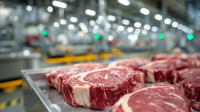 Perspective view along stainless steel table filled with packaged beef steaks, bright fluorescent lights above, industrial plant setting emphasizing hygiene and organization