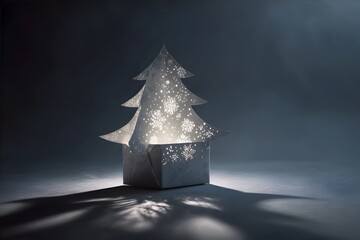 A glowing paper Christmas tree lantern sits in a dark, misty room.