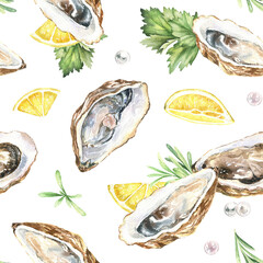 Watercolor oysters on shells, pearls, lemon slices and herbs seamless pattern. Hand-drawn illustration on white background. Seafood design for cards, prints, scrapbooking.