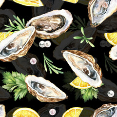 Watercolor oysters on shells, pearls, lemon slices and herbs seamless pattern. Hand-drawn illustration on black background. Seafood design for cards, prints, scrapbooking.
