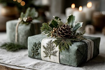 Two neatly wrapped green gifts decorated with pinecones and evergreen sprigs sit on a cloth-covered surface in a softly lit, cozy setting.