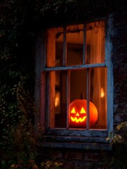 Jack o lantern on a fireplace in a cozy home