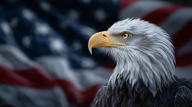 Regal bald eagle in close profile, fierce eye gleaming with intensity, blurred American flag flowing behind to emphasize dignity and strength