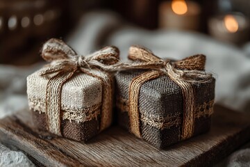 Two small, rustic gift boxes wrapped in burlap and tied with twine sit together on a wooden board.