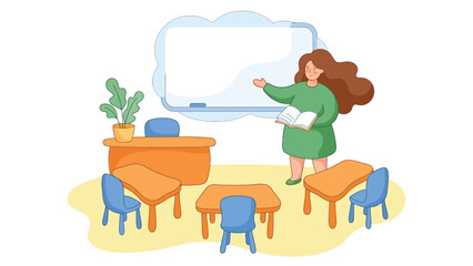 Fototapeta premium A female teacher stands in front of a whiteboard in a classroom setting.