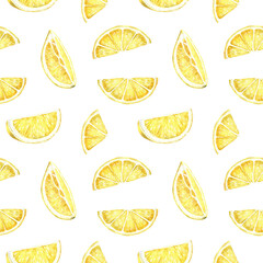 Yellow lemos seamless pattern. Watercolor tropical fruits design. Hand-drawn illustration isolated on white background. Citrus ornament, print for fabric, textile, wallpaper, wrapper, scrapbooking.