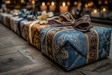 A beautifully wrapped gift box with ornate blue and gold paper and a ribbon sits on a wooden surface in a softly lit setting.