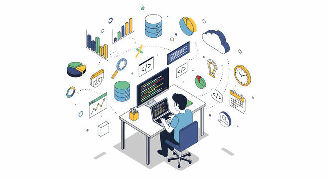 Isometric Developer Working With Code For Website Or App Development - Powered by Adobe