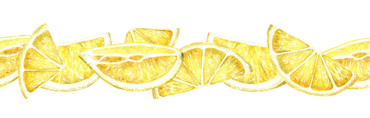 Watercolor lemon slices seamless pattern. Yellow tropical fruits design. Hand-drawn illustration isolated on white background. Citrus ornament .