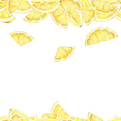 Watercolor lemon slices frame. Yellow tropical fruits design. Hand-drawn illustration isolated on white background. Citrus print for cards, banner.