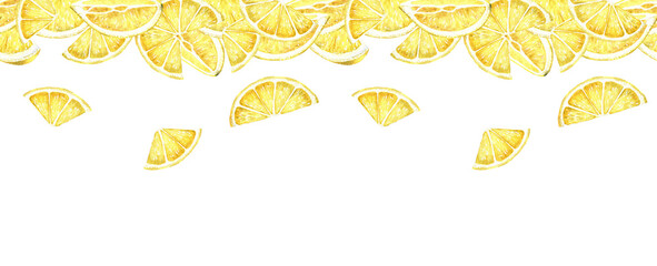 Watercolor lemon slices seamless pattern. Yellow tropical fruits design. Hand-drawn illustration isolated on white background. Citrus ornament for frame or banner.