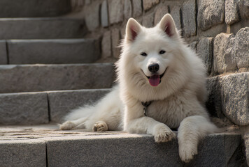 White samoyed dog resting on stone steps with fluffy fur and friendly expression outdoors