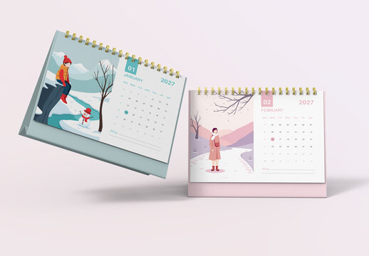 Illustrated Desk Calendar 2027 with Monthly Table Planner Template