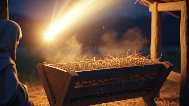 Nativity manger illuminated by brilliant guiding Comet Star light.
