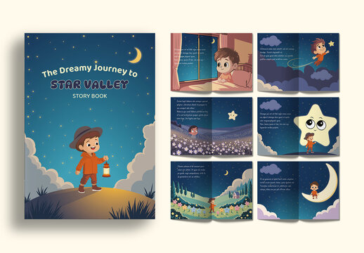 Kids Bedtime Story Book Magazine Layout with Dreamy Fantasy Illustration Design