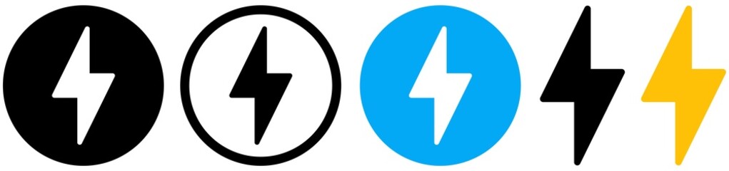Flash lighting bolt energy icon set. Collection of power and electricity symbols isolated on transparent background. Electric power or charging sign button.