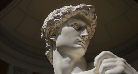 Close-up of a classical marble sculpture's head, showing detail