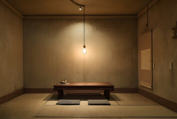Minimal japanese tatami room interior with low wooden table and soft natural light